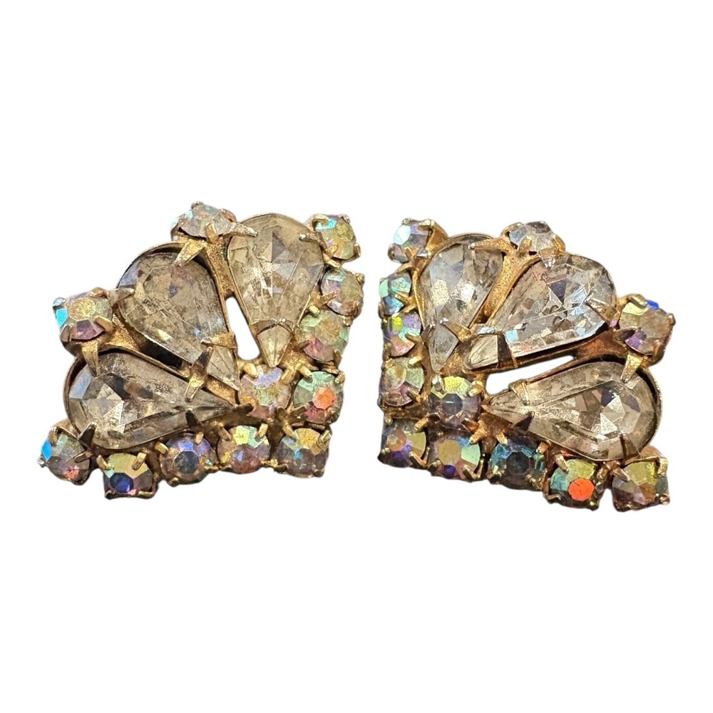 Vintage Gold Tone Aurora Borealis Rhinestone Clip-On Earrings J12